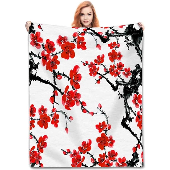 Cherry Blossom Throw Blanket, Red Cherry Floral Plum Blossom Flowers Japanese Asian Style Fleece Fuzzy Fannel Blankets for Sofa Bed Chair Couch Bedroon Living Room Gifts, 30"x40" Inch