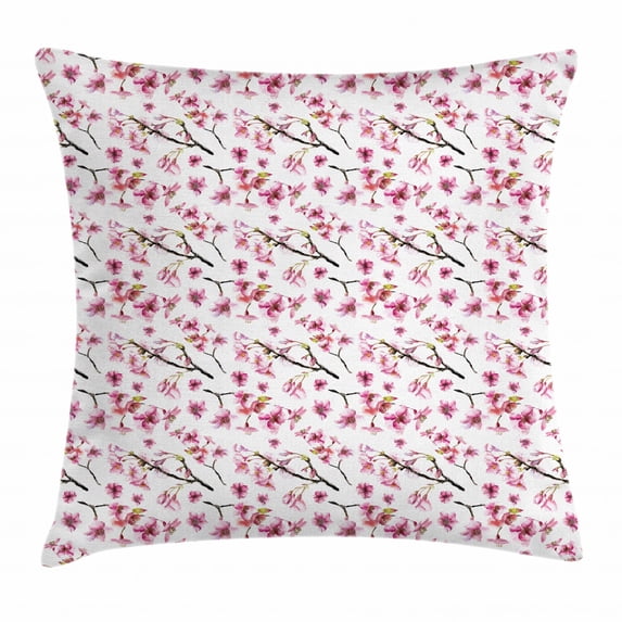Cherry Blossom Throw Pillow Cushion Cover, Artistic Watercolor Style Oriental Pattern with Sakura Branch, Decorative Square Accent Pillow Case, 18 X 18 Inches, Hot Pink Green Brown, by Ambesonne