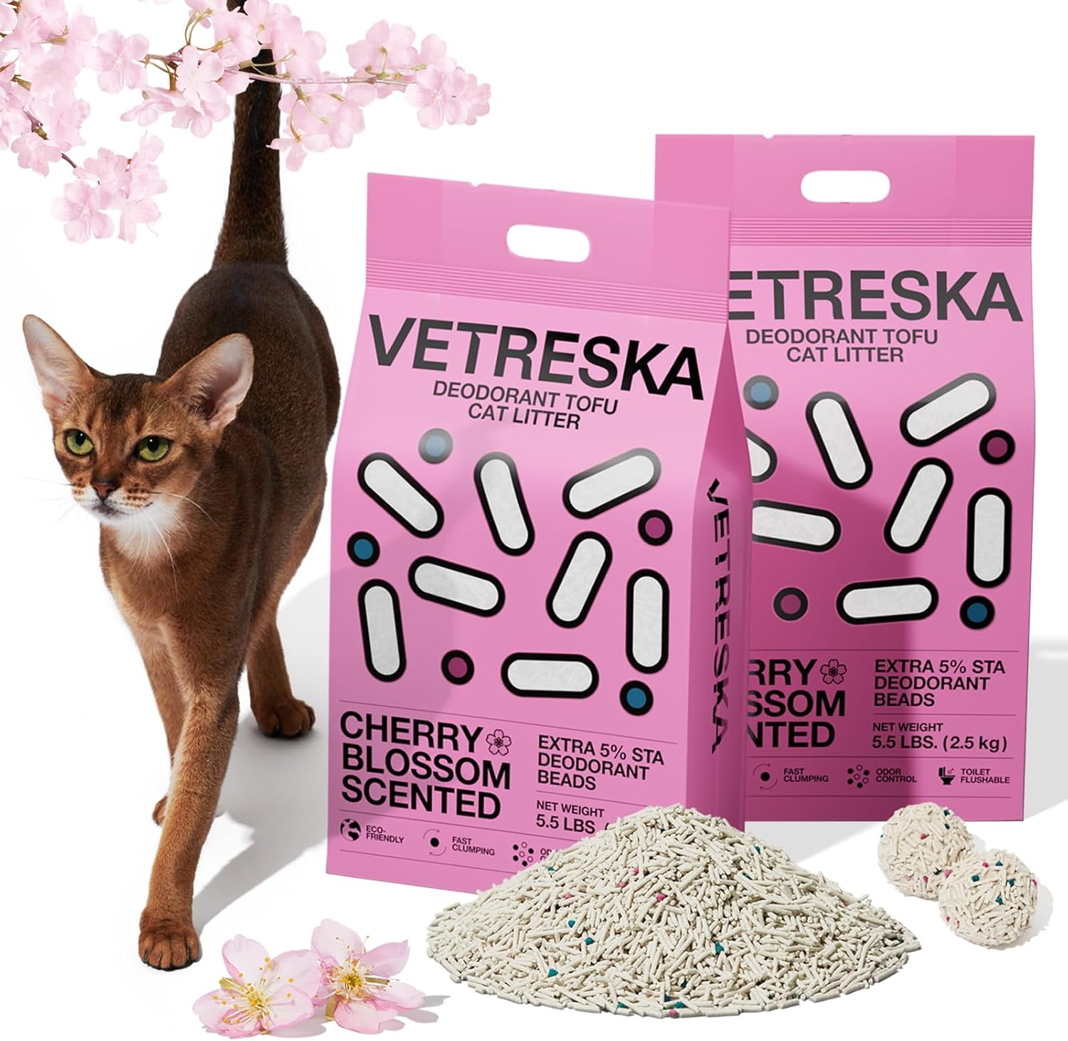 Cherry Blossom Tofu Cat Litter,Natural Kitty Litter Strong Clumping Flushable Cat Litter Pellets Absorbent,Dust-Free,Low Tracking,Deodorant Tofu Litter Compostable(5.5lb2bags)