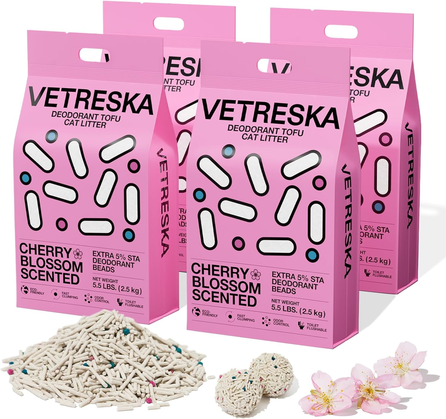 Cherry Blossom Tofu Cat Litter,Natural Pretty Kitty Litter Strong Clumping Flushable Cat Litter Pellets Ultra Absorbent,Dust-Free,Low Tracking,Deodorant Tofu Litter Compostable(5.5lb4bags)
