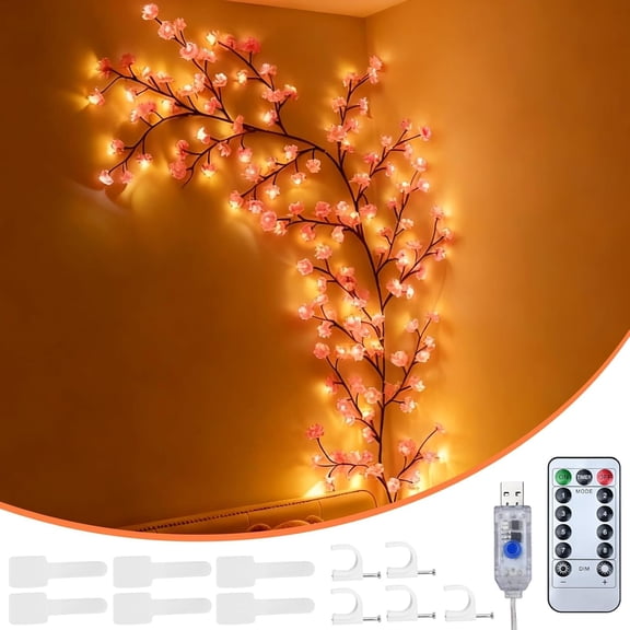 Cherry Blossom Tree Branch Lights for Wall - 5.25FT 48 LED  Cherry Blossom Branches String Lights with Remote Control &  Straps,  Willow Vine Tree Light for Bedroom Door Window Room