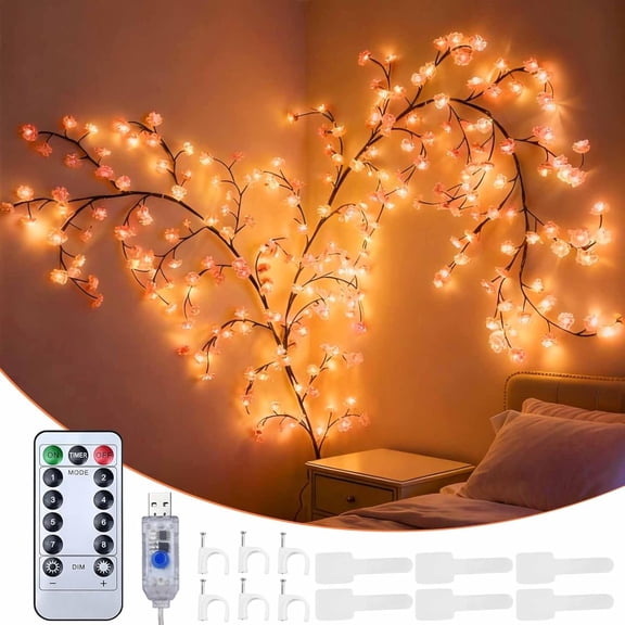 Cherry Blossom Tree Branch Lights for Wall - 7.55FT 144 LED  Cherry Blossom Branches String Lights with Remote Control &  Straps,  Willow Vine Tree Light for Bedroom Door Window Room