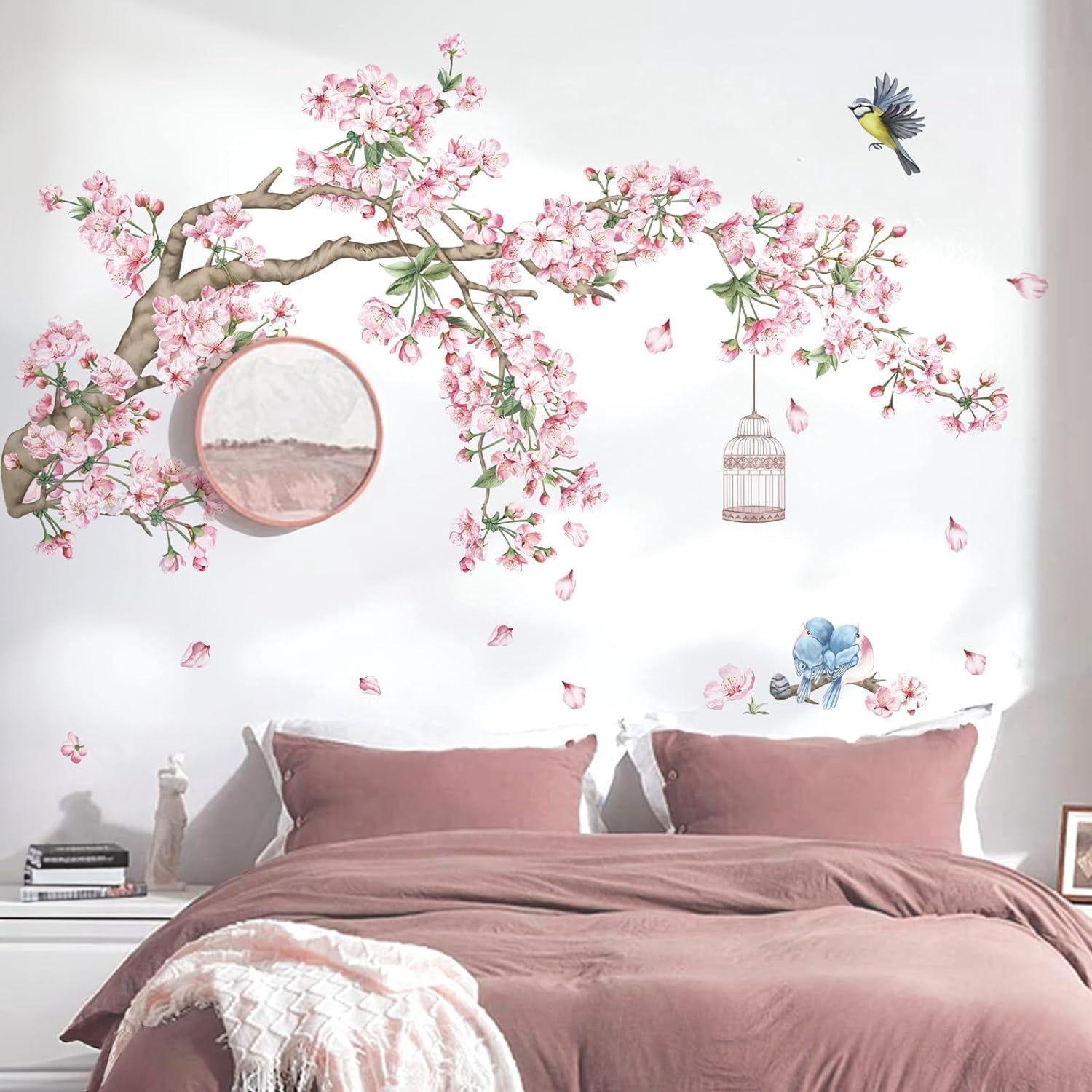 Cherry Blossom Tree Branch Wall Decals Pink Flower Birds Wall Stickers ...