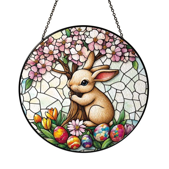 Cherry Blossom Tree and Bunny Stained Glass Style Suncatcher Window Hanging Decor, Spring Floral Decorative Panel with Cute Rabbit Illustration for Seasonal Window Art Home Decoration