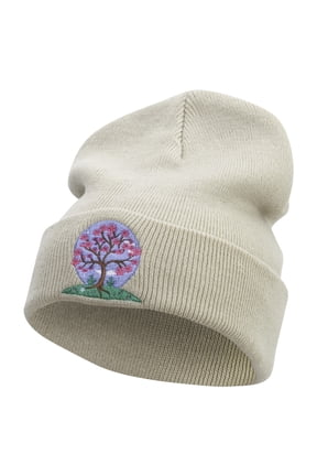 Cherry Blossom Tree Embroidered 12 Inch Long Knitted Beanie - Birch OSFM