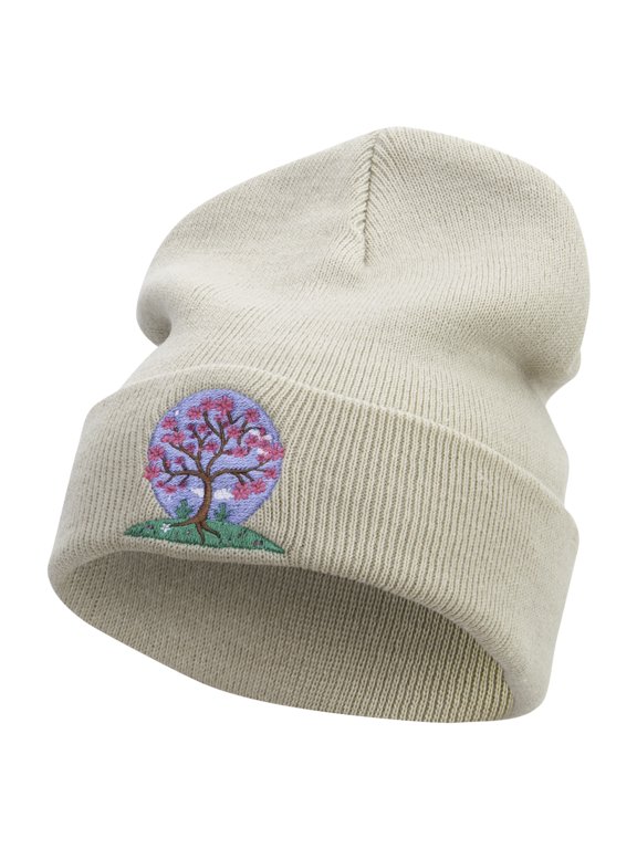 Cherry Blossom Tree Embroidered 12 Inch Long Knitted Beanie - Birch OSFM