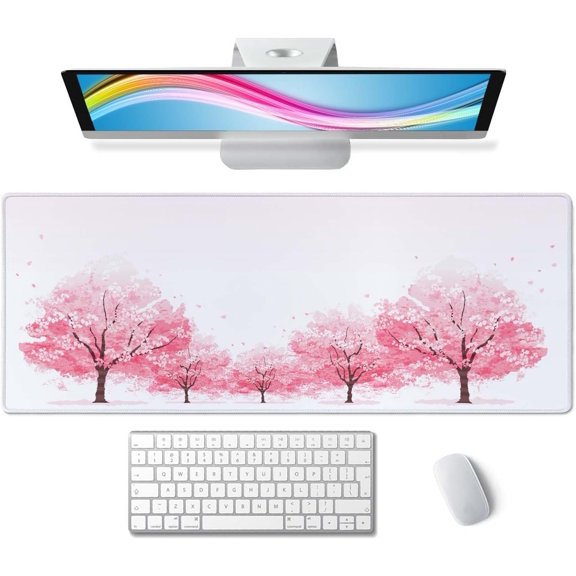 Cherry Blossom Tree Gaming Mouse Pad, Extended Large Mouse Mat Desk Pad, Big Computer Keyboard Desk Pad, Stitched Edges Mousepad, 3mm Thick Long Non-Slip Rubber Base Mice Pad, 31.5 X 11.8 Inch