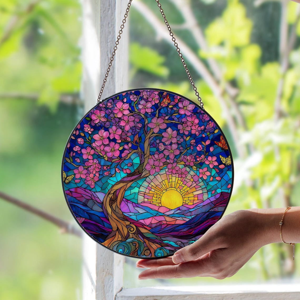 Cherry Blossom Tree Glass Suncatcher, Elegant Spring Floral Art, 3.5 in ...