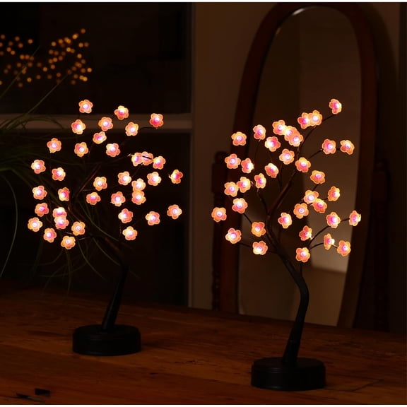 Cherry Blossom Tree Light 18in 36 Led Japanese Decor Battery/USB Operated | 2 Pack, Light up Bonsai Tree, Mini Tree Tabletop,Cute Night Lights for Christmas Home Bedroom Gift Idea,Warm White