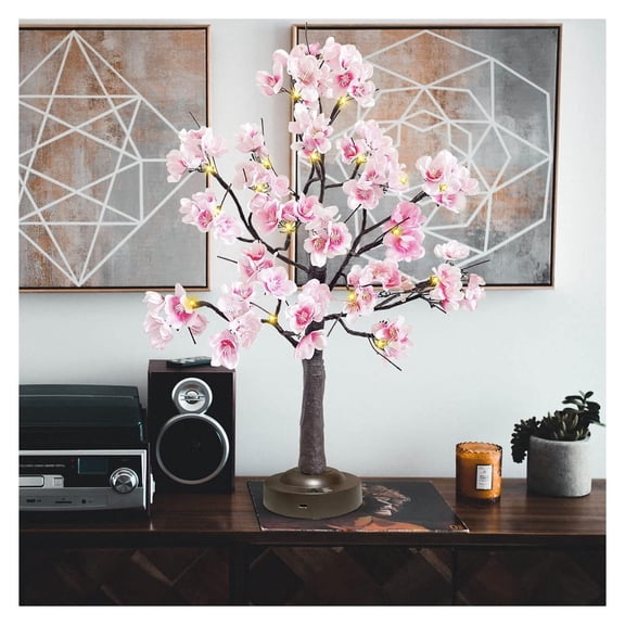 Cherry Blossom Tree Light 24 Led Pink Flower Artificial Tree Battery and USB Operated 8 Lighting Modes with Timer Function for Spring Home Decoration(Warm White)
