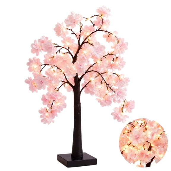 Cherry Blossom Tree Light Artificial Lighted Tree Flower Lamp Tabletop Tree with Timer Faux Flowers with Fairy Lights for Christmas Party Decor, USB Plug or Battery Operated, 22 inch