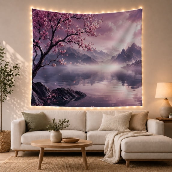 Cherry Blossom Tree in Misty Lake Landscape, Serene Japanese Inspired for Nature Lovers, Mountain Lake Art, Spring Gift, Tapestry Wall Hanging for Bedroom and Living Room