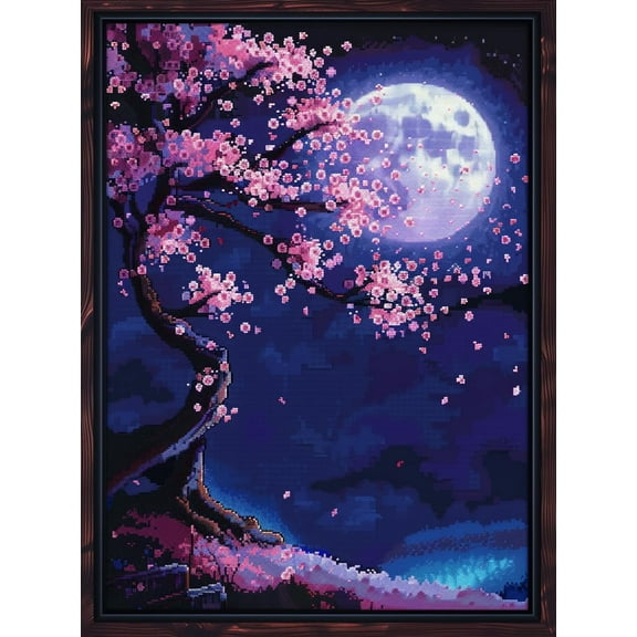 Cherry Blossom Tree under Moonlight DIY 11CT Stamped Cross Stitch Kits for Beginners Easy Needlepoint Embroidery Counted Cross Stitch Art Craft for Wall Decoration 12x16inch(1)