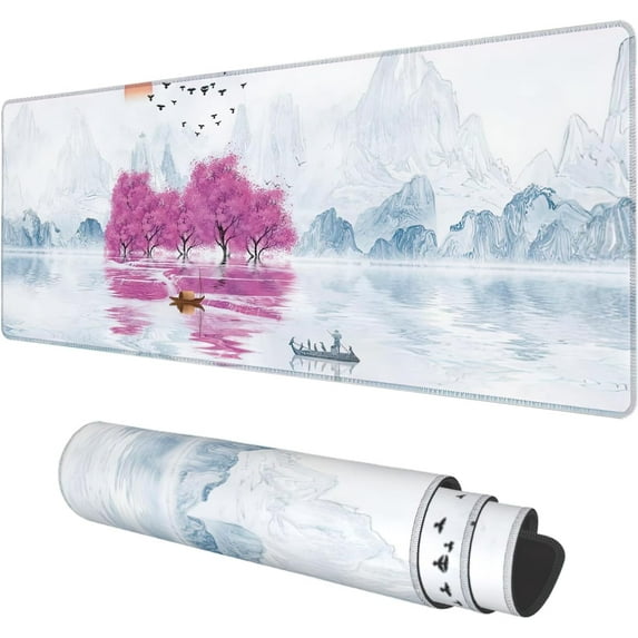 Cherry Blossom Tree Oil Ink Painting Extended Gaming Mouse Pad Large 31.5"x11.8" Big Mouse Pad, NonSlip Base, Stitched Edge, Long Computer Keyboard Mat for Home Office Work