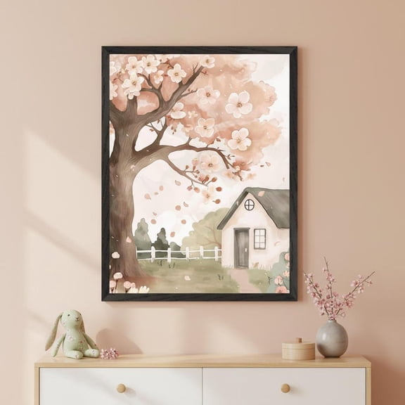 Cherry Blossom Tree Pastel Wall Art Cottagecore Decor Whimsical Spring Landscape Unframed Paper Print