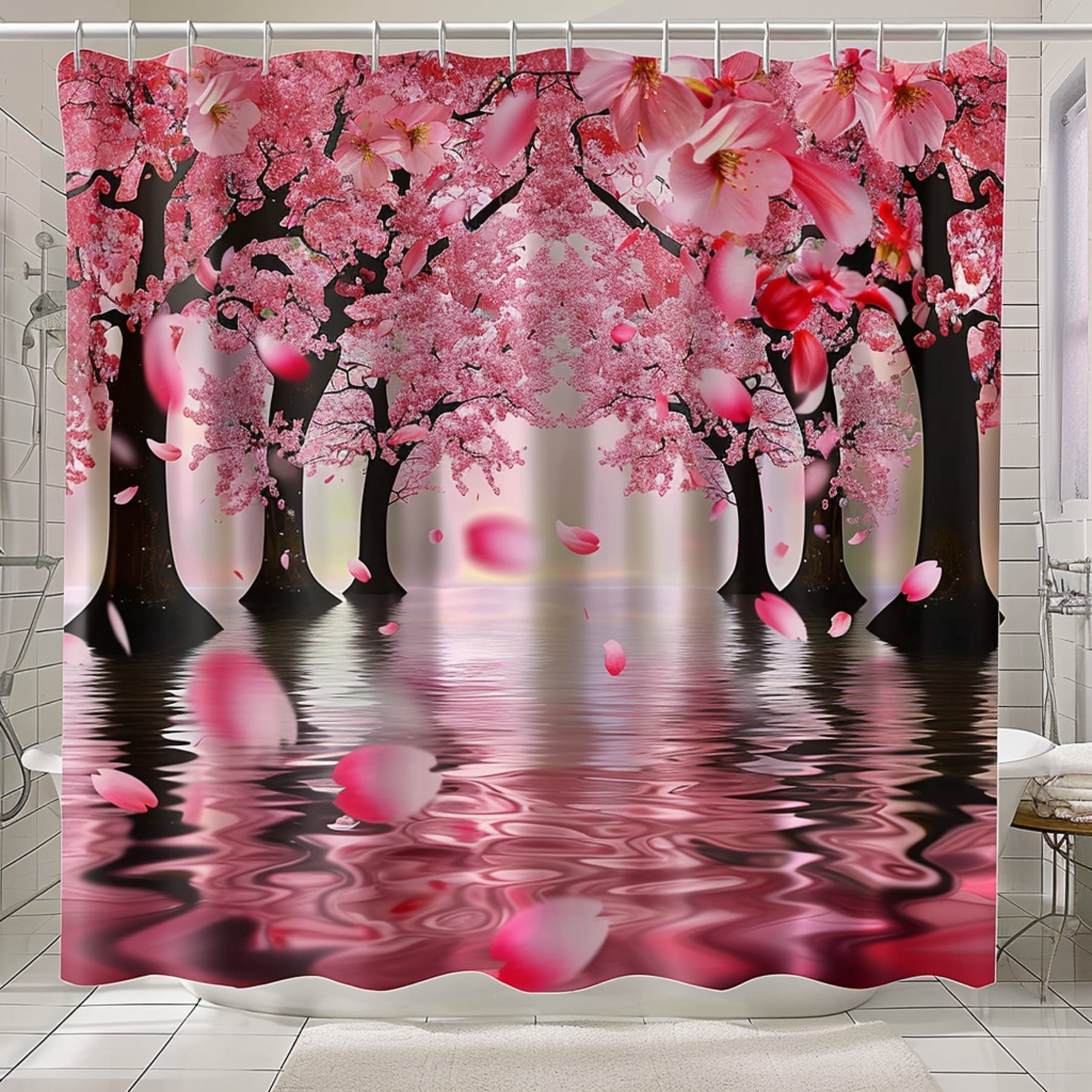 Cherry Blossom Tree Pink Petals Water Nature Bathroom Shower Curtain ...