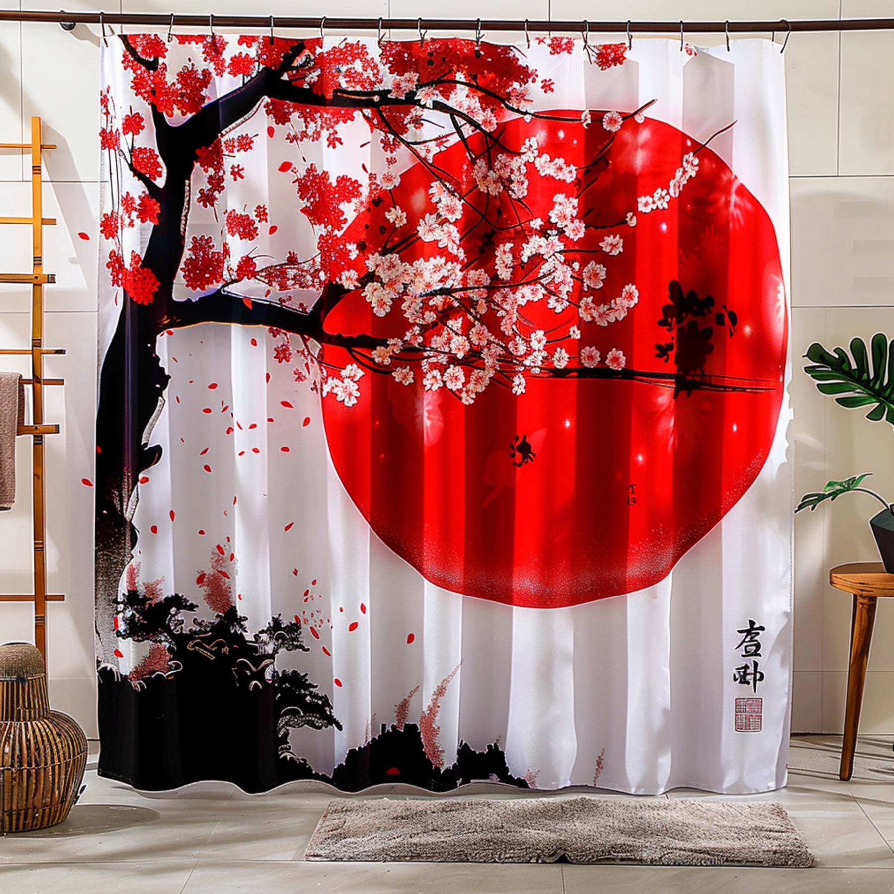Cherry Blossom Tree Red Sun Print White Shower Curtain Japanese Style ...