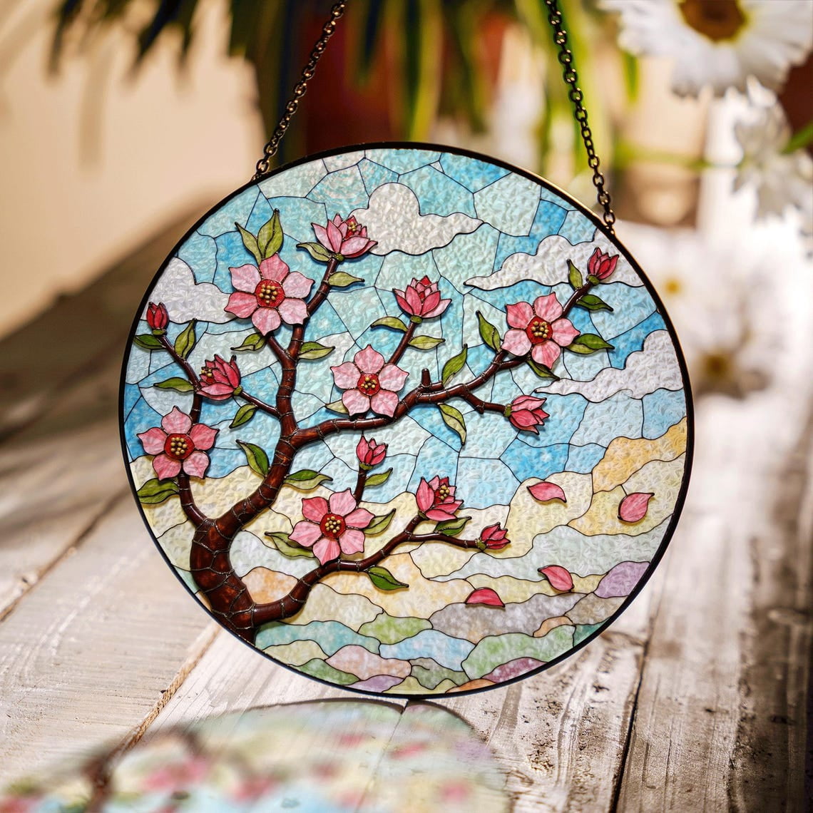 Cherry Blossom Tree Round Glass Suncatcher, Spring Window Decor, 6.3 in ...