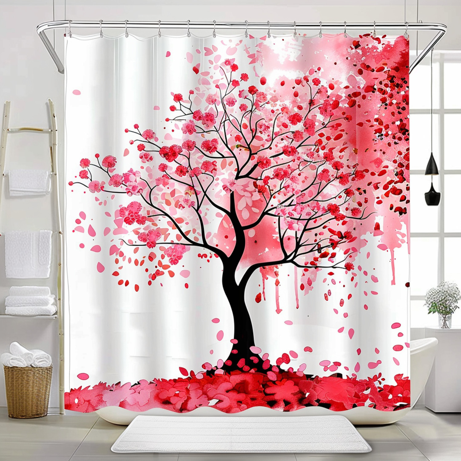 Cherry Blossom Tree Shower Curtain Red and Pink Modern Bathroom Decor ...