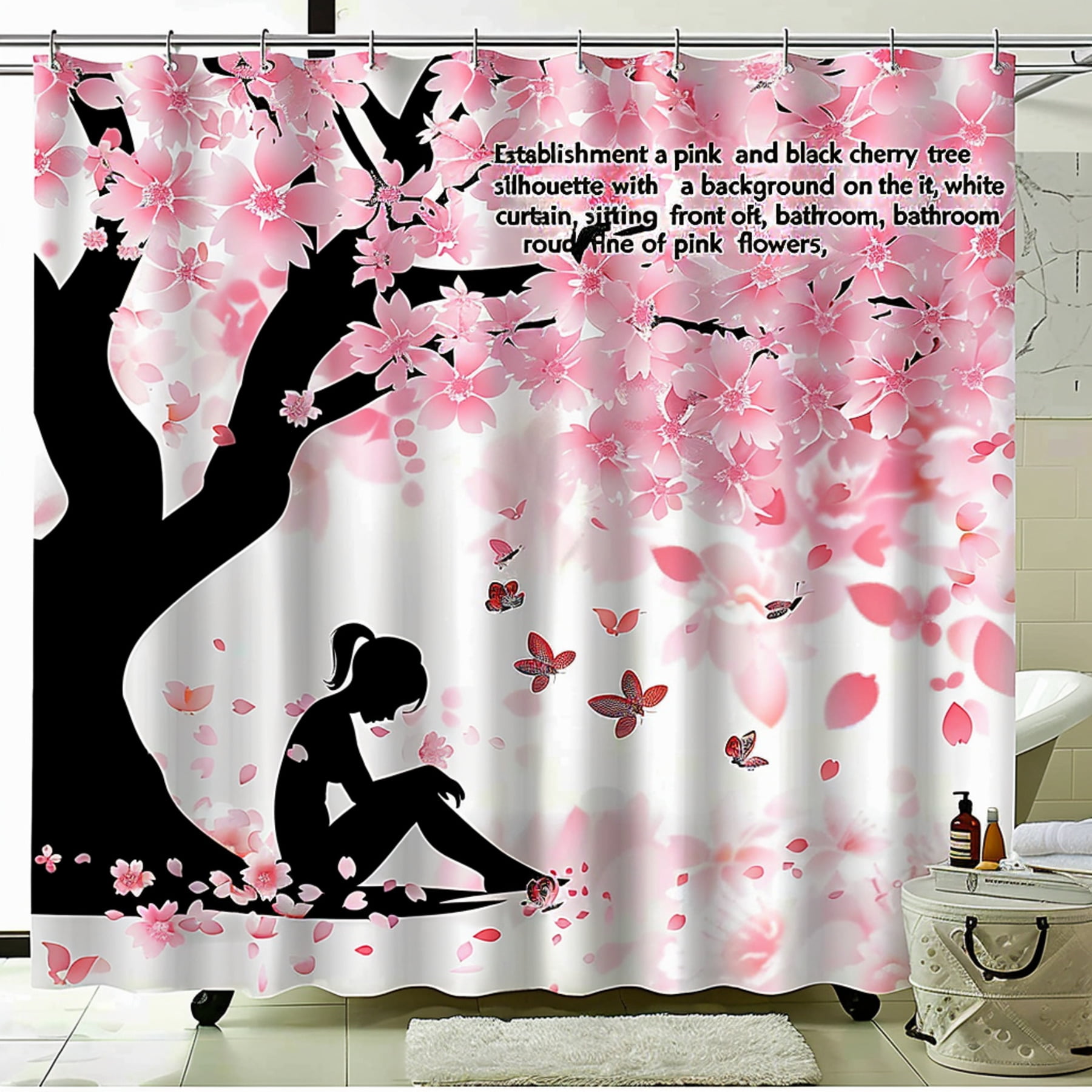 Cherry Blossom Tree Shower Curtain with Woman Pink Flowers Butterflies