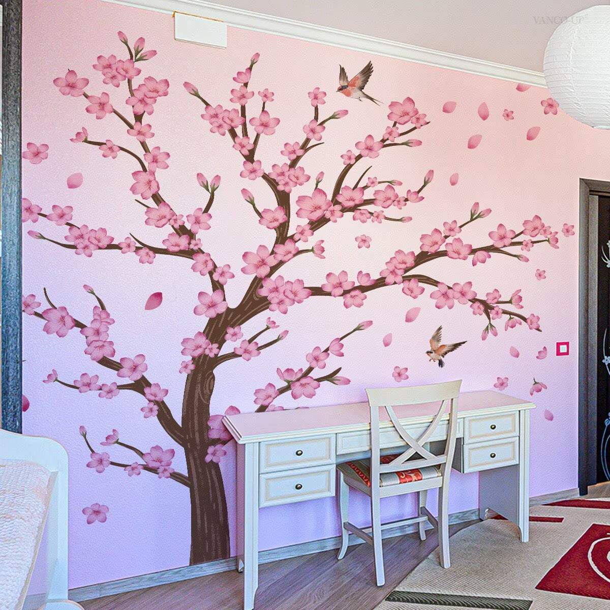 Cherry Blossom Tree Wall Stickers Decals Peel and Stick Removable Wall Stickers for Kids Nursery Bedroom Living Room décor Floral Bird Furniture Art Baby Birch