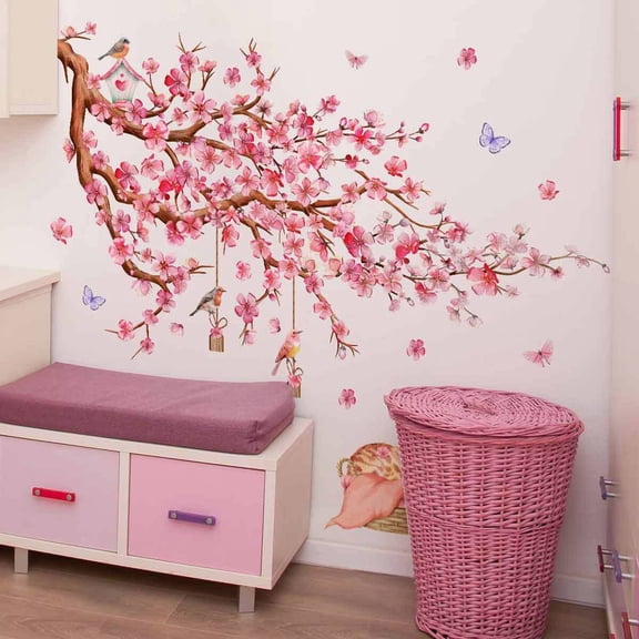 Cherry Blossom Tree Wall Stickers Decals flower wall stickers Peel and Stick Removable Wall Stickers for Kids Nursery Bedroom Living Room decal Floral Bird Furniture Art Baby Birch Bathroom glass