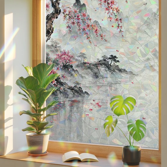 Cherry Blossom Tree Window Privacy Film, Vintage Rustic Pink Floral Misty Mountains Static Cling Stained Glass Window Sticker Decorative Removable Rainbow Film for Glass 17.7”x39.3”