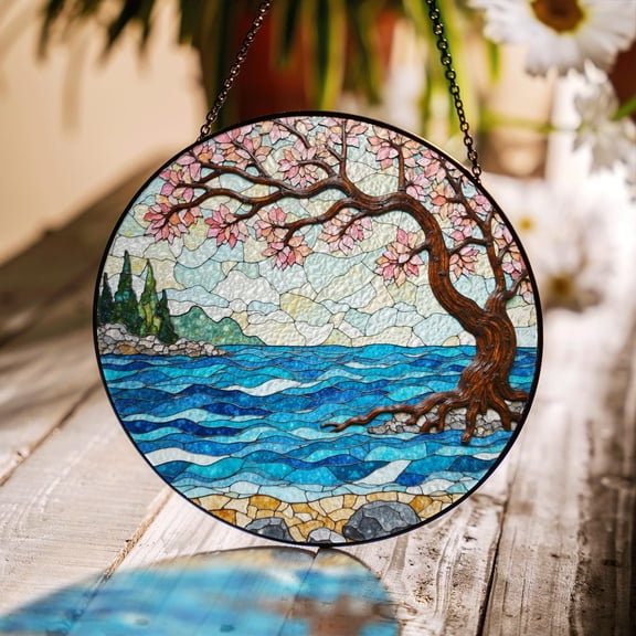 Cherry Blossom Tree by the Ocean Stained Glass Style Suncatcher, Nature Window Gift for Mom