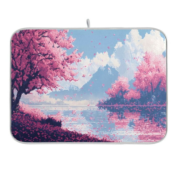 Cherry Blossom Trees with Falling Petals Dish Drying Mat for Kitchen Counter 16x18 In Absorbent Microfiber Reversible Mats Dish Drainer Protector Rack Pad for Coffee Bar Table