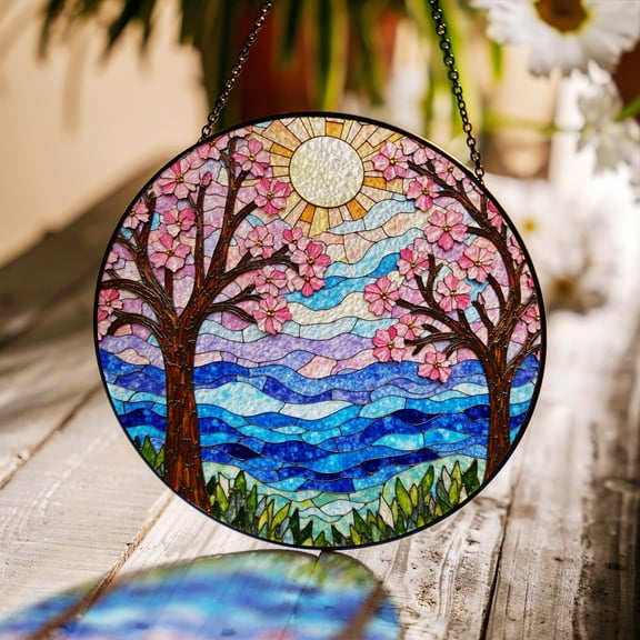 Cherry Blossom Trees Stained Glass Style Round Suncatcher, Scenic Window Hanging Gift for Nature Lovers