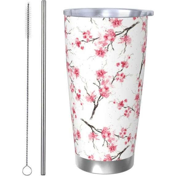 Cherry Blossom Tumbler 20oz Floral Stainless Steel Vacuum Insulated Travel Mug with Lid and Straw, Elegant Gifts for Women, Perfect for Coffee, Tea, Wine