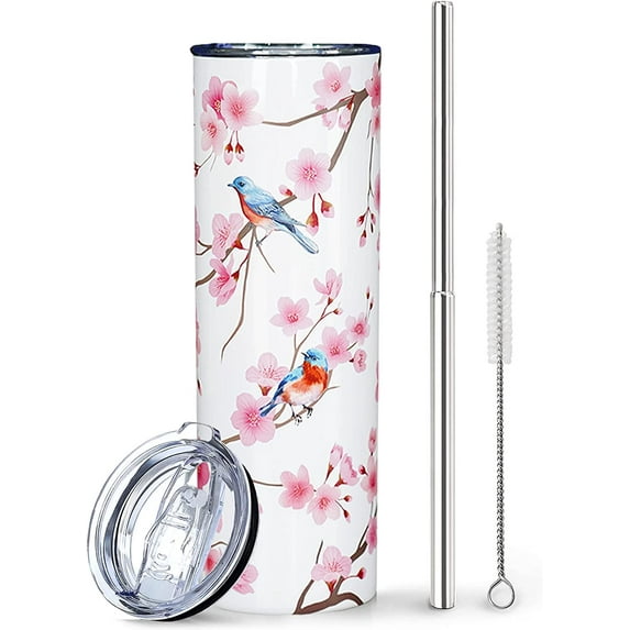 Cherry Blossom Tumbler with Lid and Straw - Pink Cherry Blossom Bird Cup, Travel Mug, Water Bottle - Metal Thermal Insulated Tumblers 20 Oz -Gifts for Women -Cherry Blossom Decor, Stuff