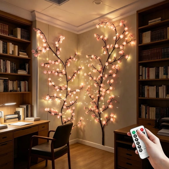 Cherry Blossom Twig Branch LED Wall Lights 63Inch, 72 LEDs Willow Vine Garland with Remote Control and 8 Light Modes, Versatile Holiday & Christmas Decoration for Home Window Door Wall