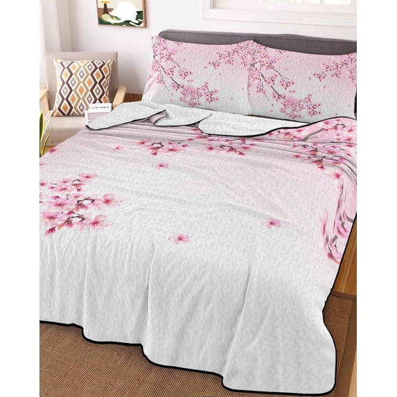 Cherry Blossom Twin Size Down Alternative Comforter, Lightweight Comforter Quilt Bedding Set with Pillow Shams Gradient Tree Pink Flower Plant All Seasons Bed Comforter Duvet Insert 68"x86"