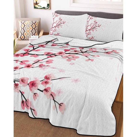Cherry Blossom Twin XL Size Down Alternative Comforter, Lightweight Comforter Quilt Bedding Set with Pillow Shams Spring Pink Floral Branches Watercolor All Seasons Bed Comforter Duvet Insert 68"x98"