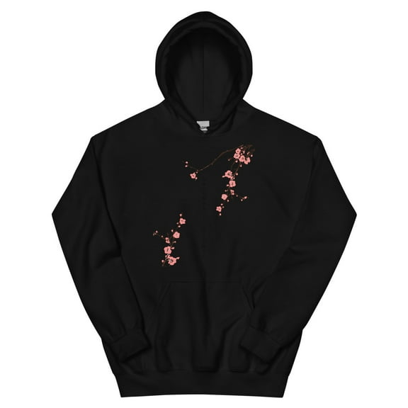 Cherry Blossom Unisex Pullover Hoodie - Japanese Streetwear Sakura Aesthetic Sweatshirt (Black, L)