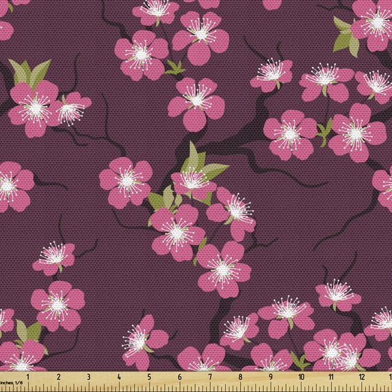 Ambesonne Cherry Blossom Fabric by the Yard Upholstery, April in Asia, 2 Yards, Plum Pink Green