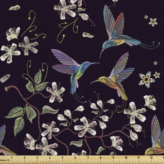 Ambesonne Cherry Blossom Fabric by the Yard Upholstery, Hummingbirds, 5 Yards, Multicolor