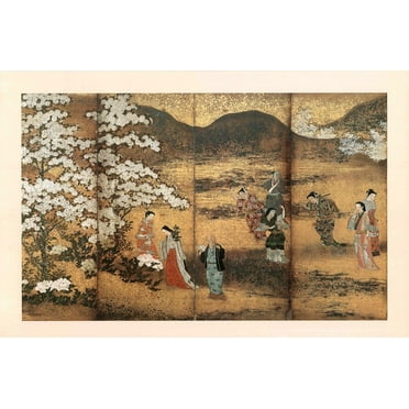 Cherry Blossom Viewing Japan Japanese Wall Decor Oriental Edo Period Panels Gold Leaf Kanei Era Hanami Flower Viewing Hana Sakura Plum Bloom Landscape Artwork Cool Wall Art Print Poster 18x12