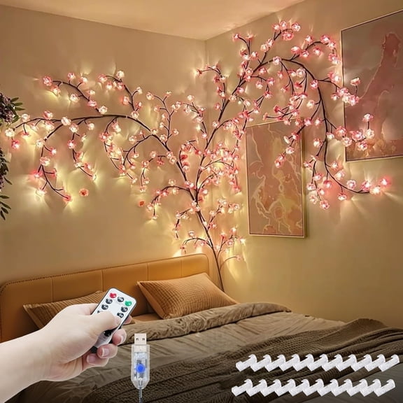 Cherry Blossom Vine Lights, 4.2 ft 48 LED, Remote Control with Timer, 8 Lighting Modes for Bedroom Wall Decor