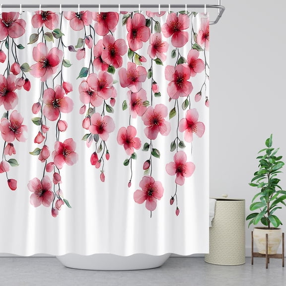 Cherry Blossom Vine Shower Curtain Hanging Branches of Peach Flowers Watercolor Botanical Green Leaves Romantic Garden Scenery Bathroom Decor Fabric Curtains with Hooks 54"W x 78"L (Pack of 1)