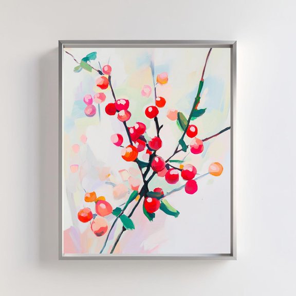 Cherry Blossom Wall Art, Abstract Floral, Modern Botanical Decor With Red Berries, Minimalist Nature-Inspired Artwork Wall Art, Modern Wall Decor, 8x12 UNFRAMED