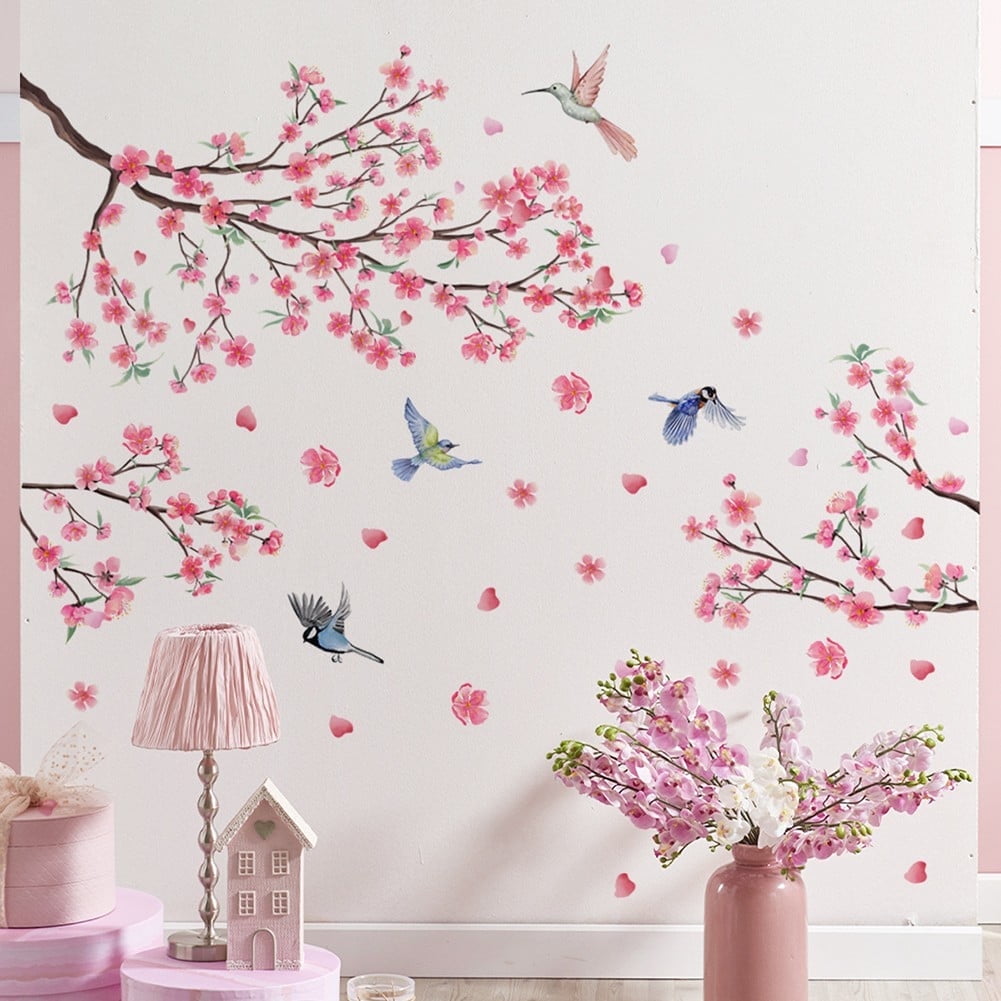 Cherry Blossom Wall Decals Flower Bird Tree Peel and Stick Wall Stickers Large Floral Wall Stickers & Murals Flower Wall Decals for Living Room Bedroom Bathroom Roommates Vinyl Wall Art