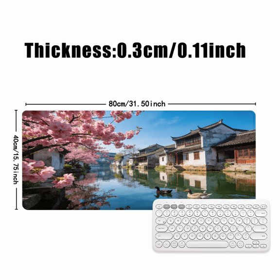 Cherry Blossom Water Town Mouse Pad 31.5 x 11.82 Inches Rubber Desk Mat with Traditional Chinese Village Scene for Office and Home Use