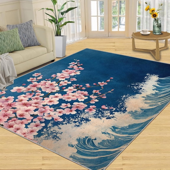 Cherry Blossom Wave Area Rug, Japanese Floral Washable Rug, Non Slip Low Pile Carpet for Living Room Bedroom Home Decor 4x5ft