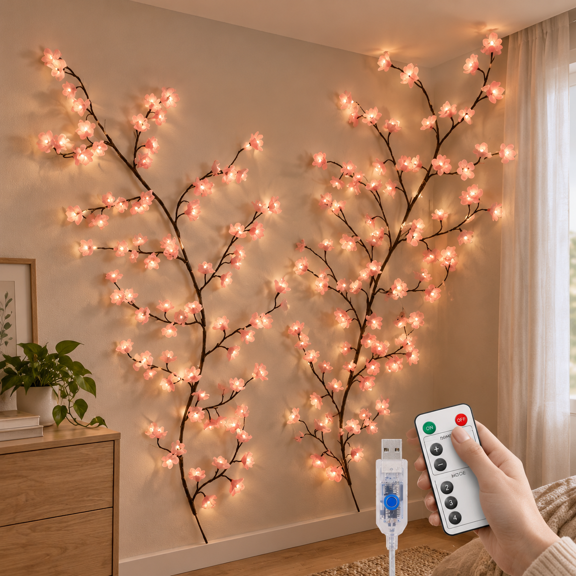 Cherry Blossom Willow Vine Twig Decor Garland with 96 LED, Remote, 8 Light Modes, Indoor Home Decoration