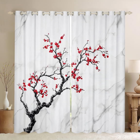 Cherry Blossom Window Curtains Bedroom,White Grey Marble Curtains Living Room Girls Women Red Flower Floral Blackout Curtains 104Wx84L,Japanese Style Window Drapes Botanical Theme Window Treatments