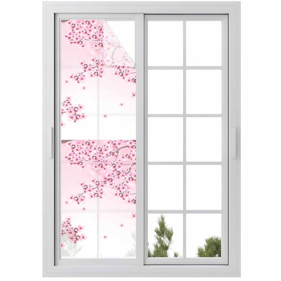 Cherry Blossom Window Privacy Film, Gradient Tree Pink Flower Plant Static Cling UV Sun Blocking Heat Control Window Tint Day and Night, Non-Adhesive One Way Windows Privacy Cover 17.7''x78.7''