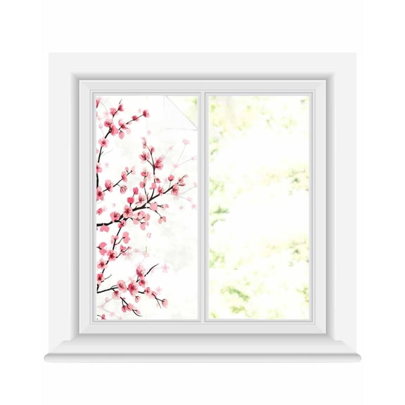 Cherry Blossom Window Privacy Film Stained Glass Window Film Decorative Windows Cover Static Windows Cling for Glass Door Spring Pink Floral Branches Watercolor Stickers for Bathroom 17.7"x39.3"