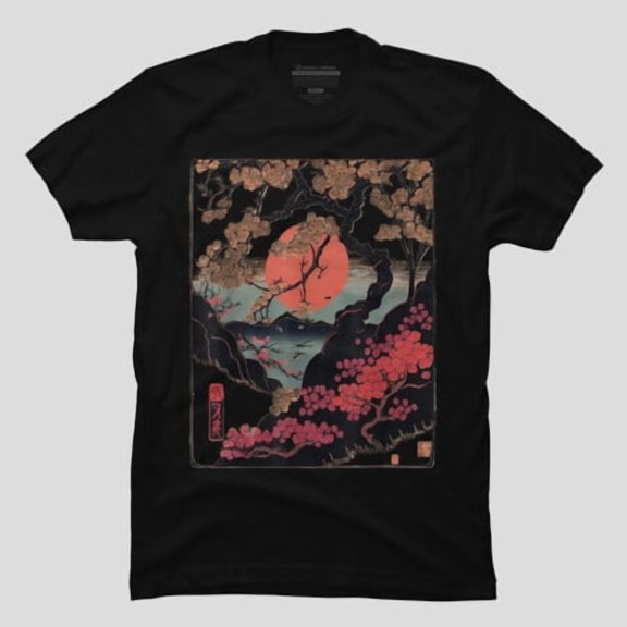Cherry Blossom Woodblock Japanese Art Ukiyo-e T-shirt M2982100, Up to Size 5XL